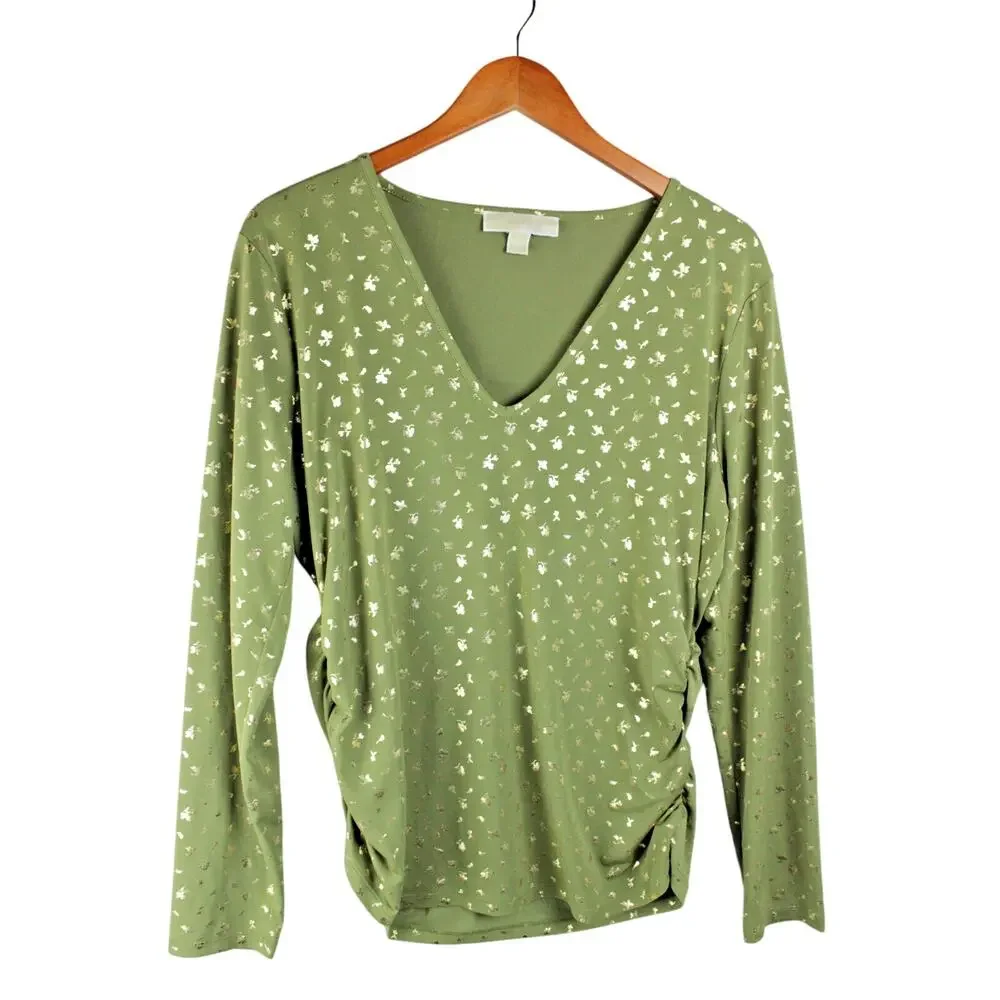 Michael Kors Long Sleeve V-Neck Tunic Blouse Green-Gold XL